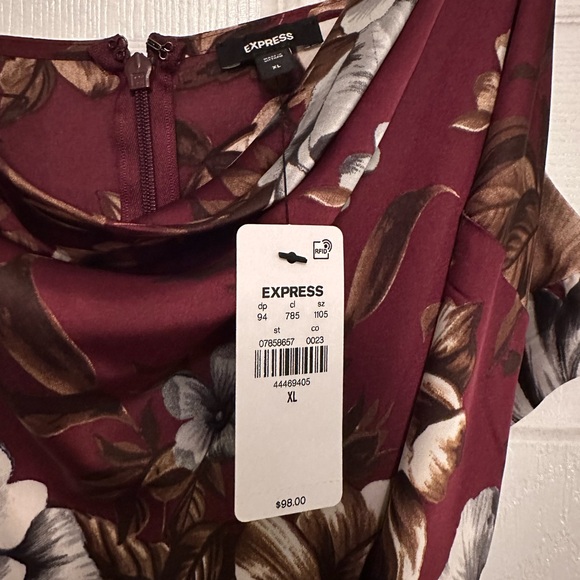 Satin Burgundy Floral CowlNeck Tie Waist Hi-lo Midi Dress Express - Picture 4 of 5